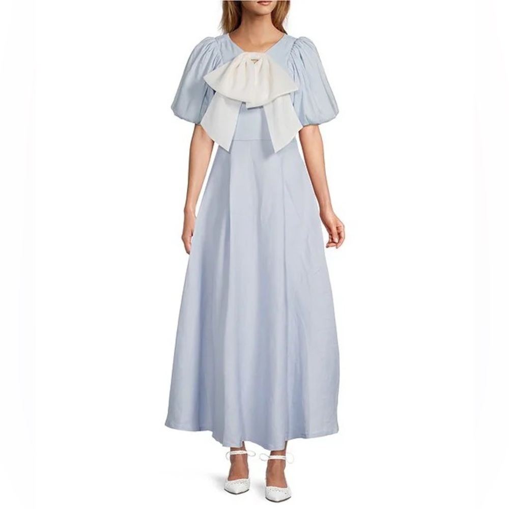 NWT Antonio Melani × Jennifer Sumko Kathleen Tie Neck Puff Sleeve Blue Dress